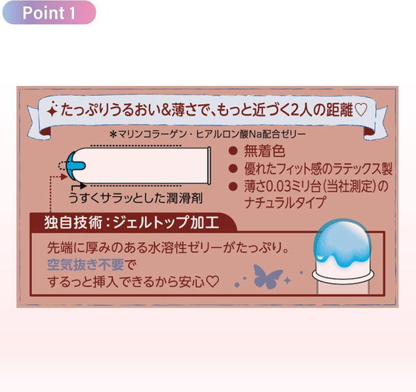 JEX 魅力蝴蝶 0.03 極潤型安全套的獨家 Gel Top 技術,Condom 前端含豐富水溶性潤滑劑,無需額外擠壓氣泡