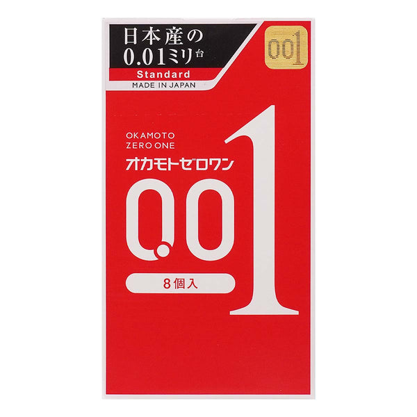 岡本 0.01 安全套 8 片裝正面,日本製超薄 condom,紅白配色設計