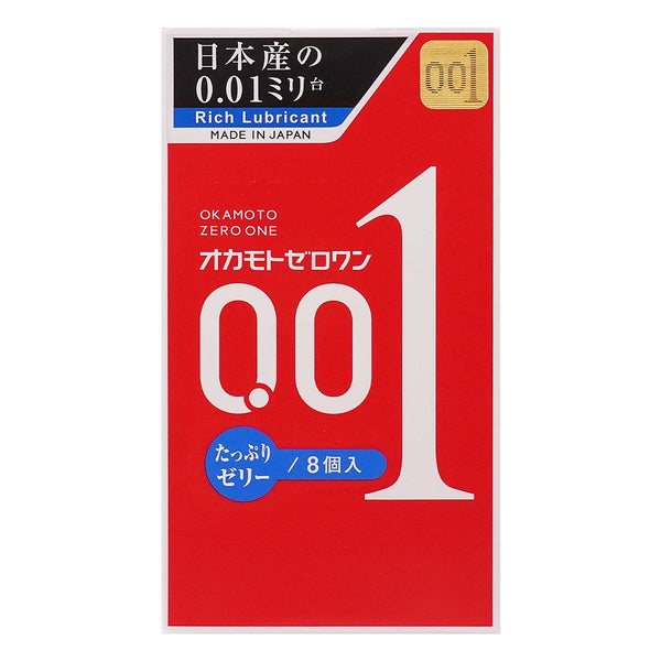 岡本 0.01 安全套潤滑加量版正面包裝,標示 Rich Lubricant 與 8 個裝,日本製超薄設計