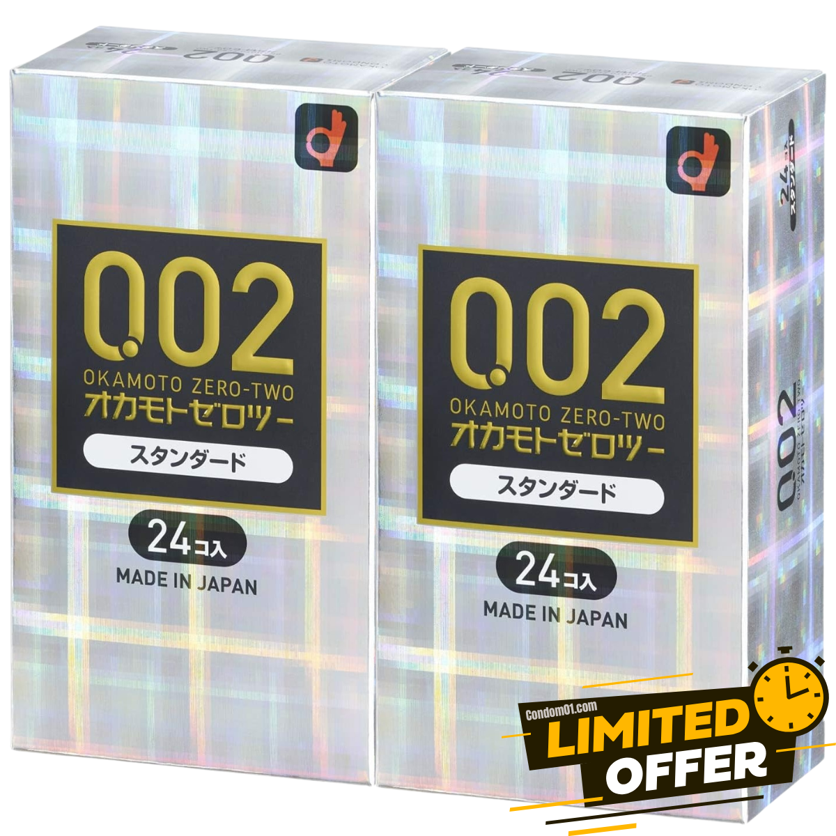 岡本 Okamoto 0.02 安全套 condom 日本版 24片裝 產品包裝,全方位展示。