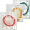岡本 0.03 3色系 condom 獨立包裝展示,粉紅、藍色、橙色安全套各自密封,保持衛生與高品質保護。