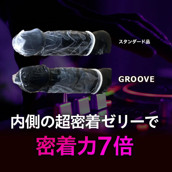 岡本 GROOVE 安全套內層採用超密著凝膠,Condom 貼合度比標準款高 7 倍,提供更穩固舒適的體驗。