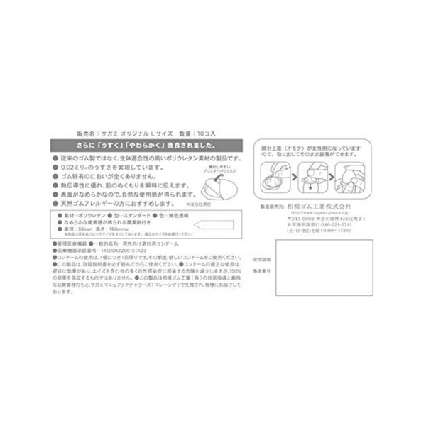 相模原創 Sagami 0.02 大碼 PU 安全套包裝背面,標示 Condom 規格、厚度 0.02mm、大碼設計。