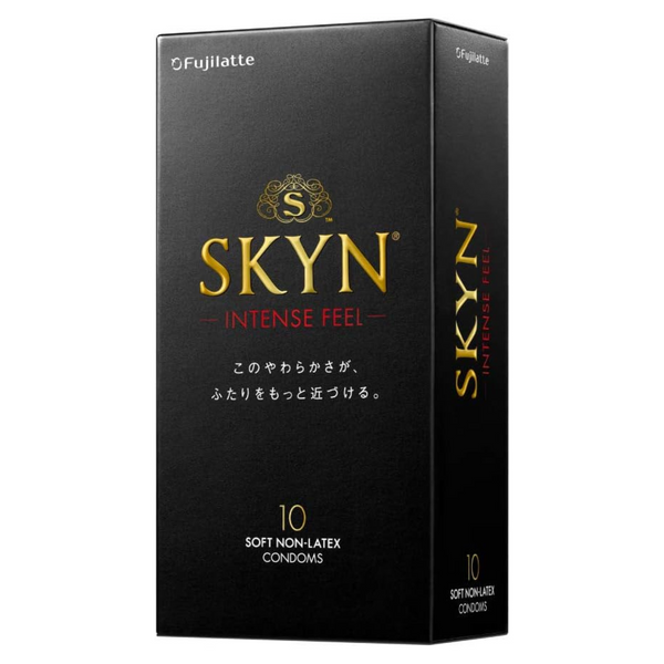 SKYN INTENSE FEEL iR 非乳膠安全套 PI condom 左側包裝角度,展示紅金設計與產品名稱。