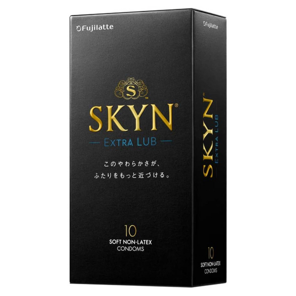 SKYN Extra LUB iR 非乳膠安全套 PI condom 左側包裝圖,展示清晰產品標示與柔和質感