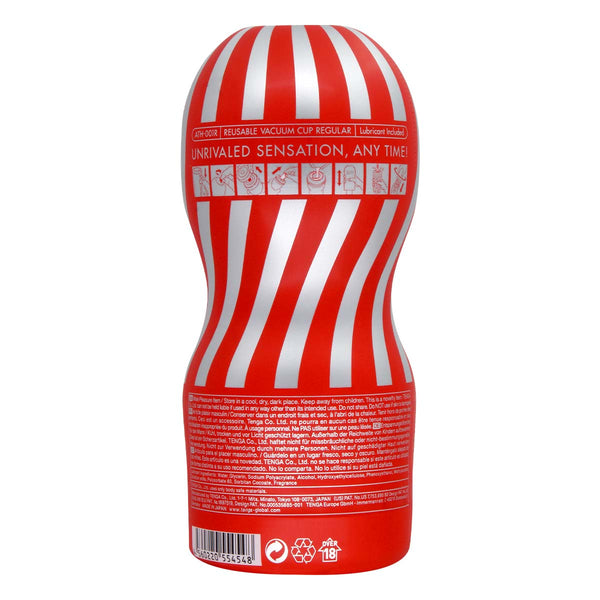 TENGA AIR-TECH REGULAR 飛機杯 背面設計展示,紅白條紋外觀搭配詳細產品說明