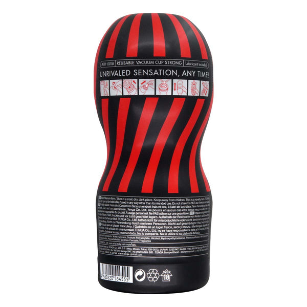 TENGA AIR-TECH STRONG 飛機杯後視圖,顯示使用方法及詳細產品資訊。