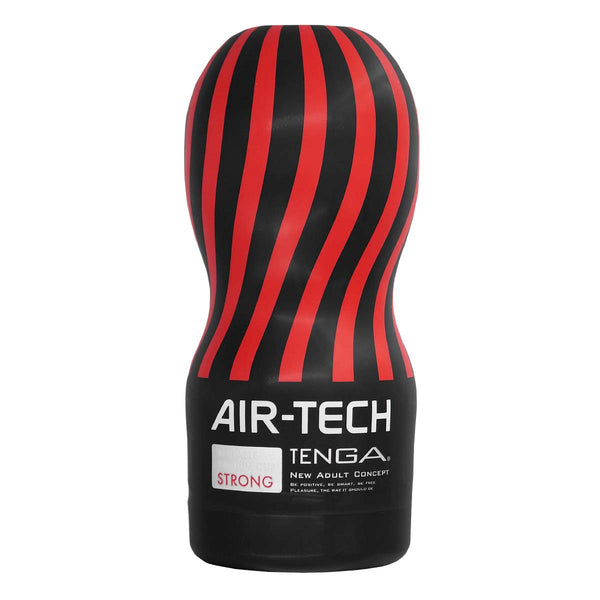 TENGA AIR-TECH STRONG 飛機杯前視圖,黑色與紅色條紋設計,重複使用型吸啜設計。