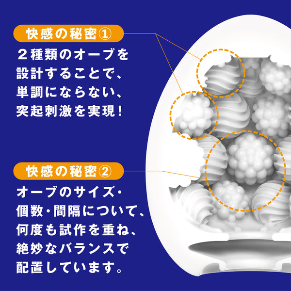 TENGA EGG BOUNCY 飛機蛋內部結構細節圖,展示大小不同的球體與肋紋組合,強調彈跳與滾動快感的設計重點。