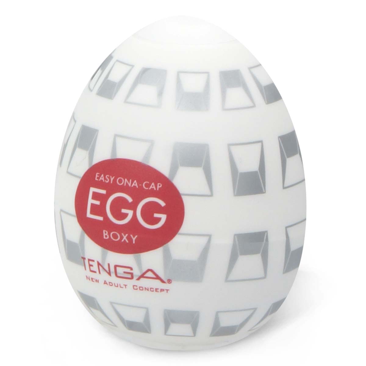 TENGA EGG BOXY 飛機蛋 斜視角度展示,強調立體方格圖案與便攜蛋型設計,凸顯創新外觀。