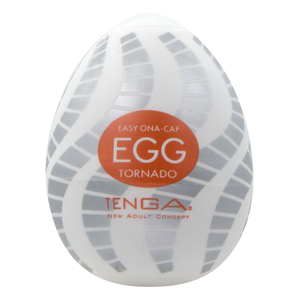 TENGA EGG TORNADO 飛機蛋 正面圖,展現獨特螺旋設計與鮮明橙色標誌,強調旋轉式刺激感與便攜特性。