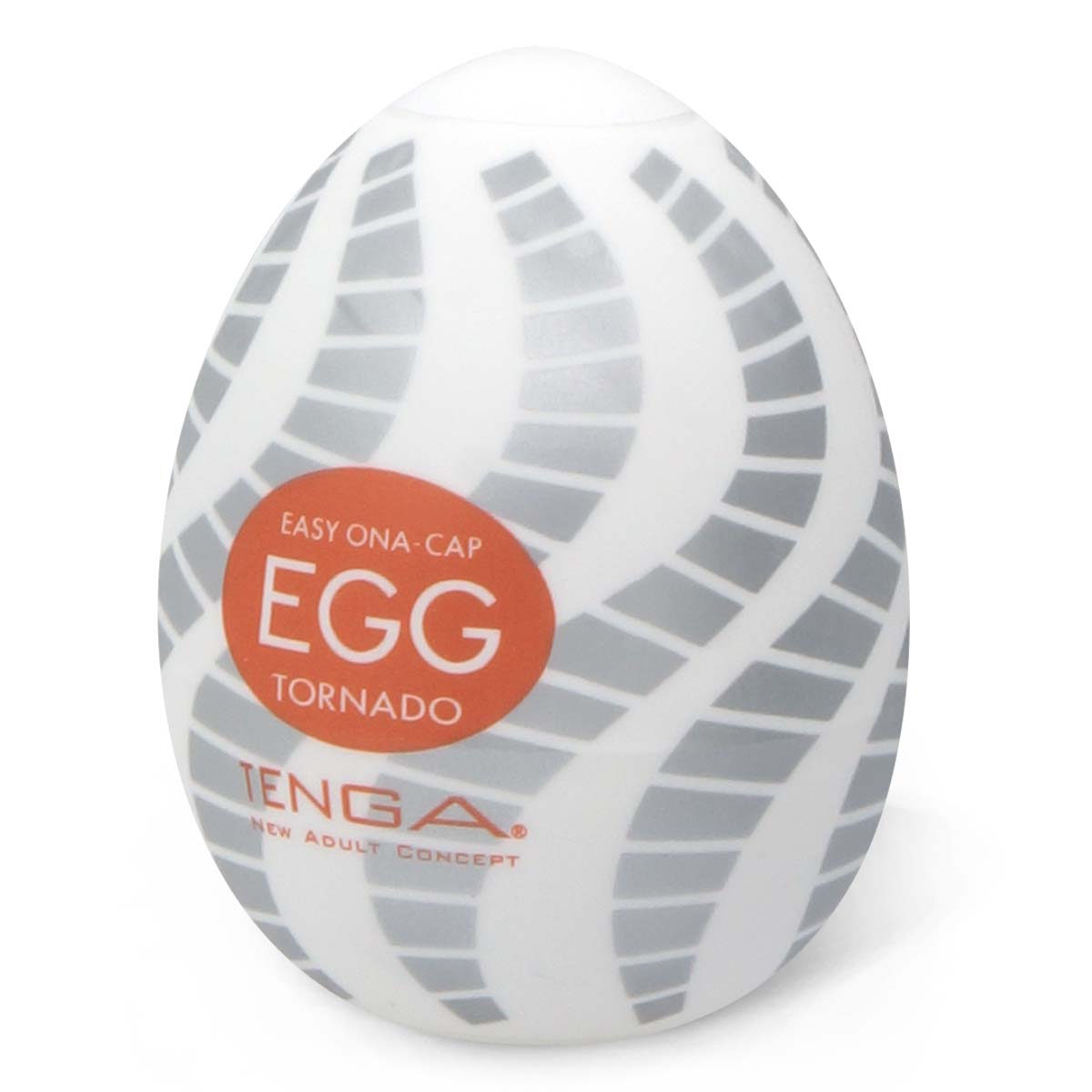 TENGA EGG TORNADO 飛機蛋 斜視角展示,強調螺旋紋理設計與蛋型外觀,便於攜帶與隨時享受刺激感受。