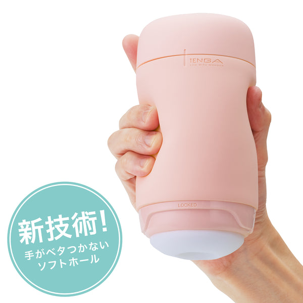 TENGA Puffy Strawberry Pink新技術展示,強調手感不粘膩的創新柔軟膠體材質。