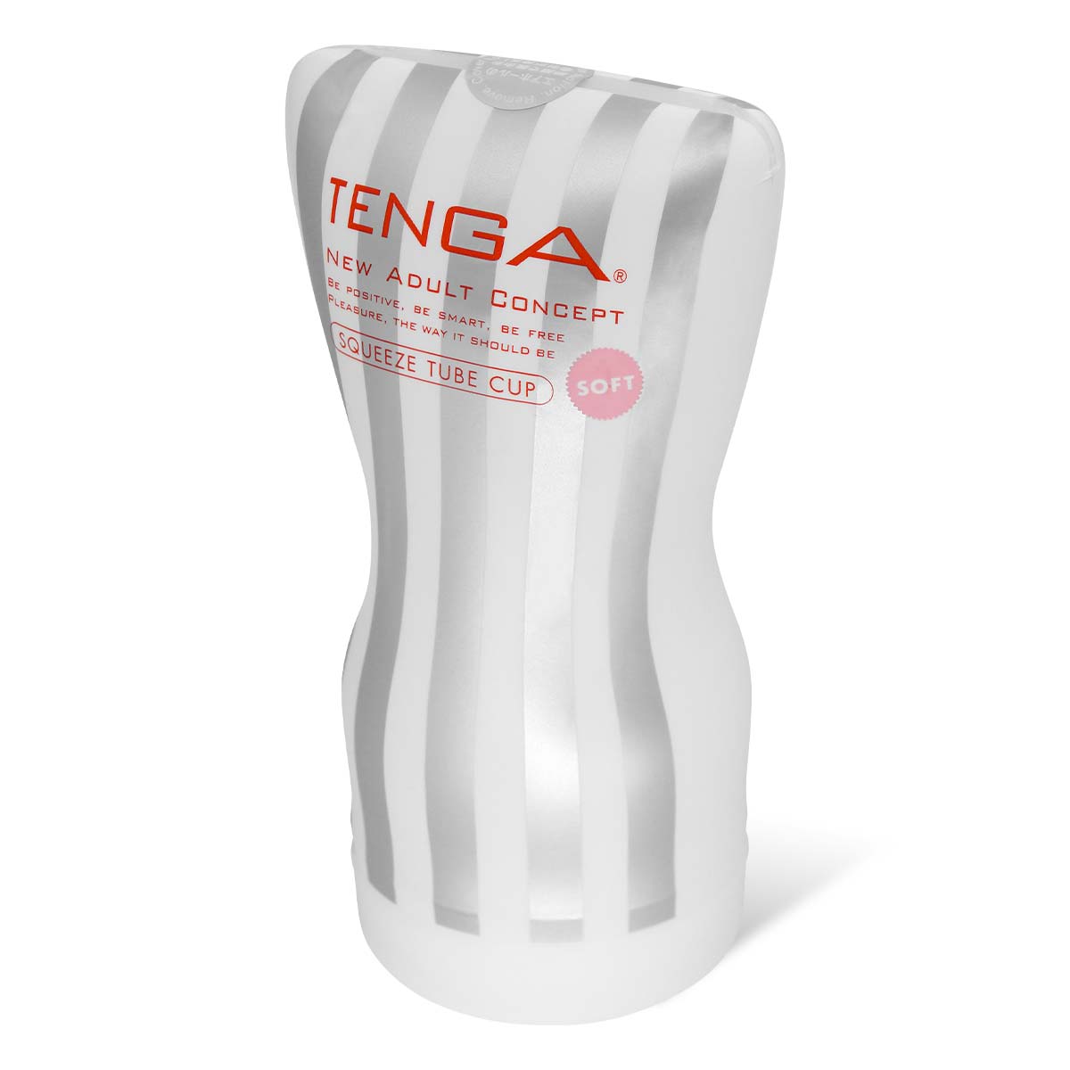 TENGA SQUEEZE TUBE CUP SOFT 飛機杯 主要展示圖,柔和銀白條紋設計,獨特柔軟曲線外型