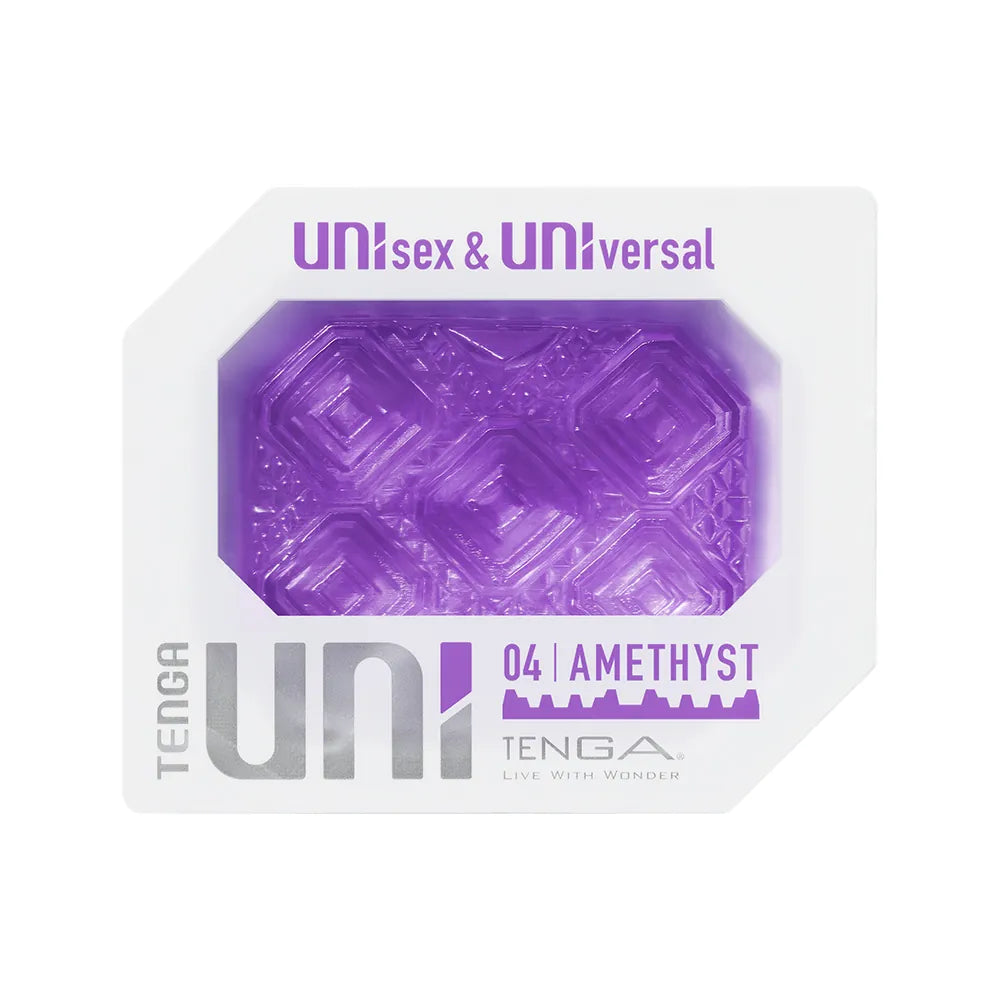 TENGA UNI AMETHYST 紫晶石正面展示,帶有紫色寶石樣式設計,標註「UNisex & UNIversal」