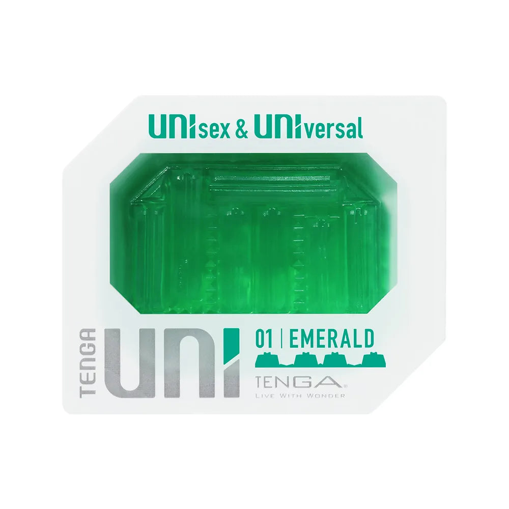 TENGA UNI EMERALD 綠寶石主視圖,展示其結構的獨特綠色外觀,巨型跨越長條紋路設計,帶來超凡刺激。