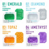 TENGA UNI 系列產品全覽,包含 EMERALD 綠寶石、DIAMOND 鑽石、TOPAZ 黃寶石與 AMETHYST 紫晶石,顯示不同設計與功能。