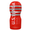 U.S. TENGA ORIGINAL VACUUM CUP 正面視圖,紅色外型搭配銀色條紋設計與 U.S.TENGA 標識。