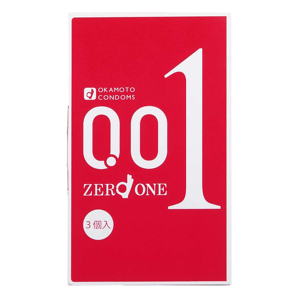 岡本 Okamoto 0.01 安全套日本版 3 片裝正面包裝,紅白簡約設計,標示 0.01 極薄特點。