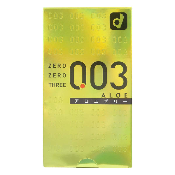 岡本 0.03 蘆薈 condom 安全套 10 片裝(日本版)正面包裝,超薄 0.03mm 工藝,搭配蘆薈潤滑劑,進入順滑自然,展現你的溫柔體貼