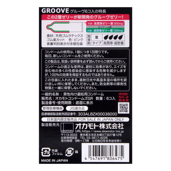 Okamoto GROOVE 安全套背面包裝,日本製 condom,雙層潤滑技術,內層超密著,外層高潤滑,提升親密體驗。