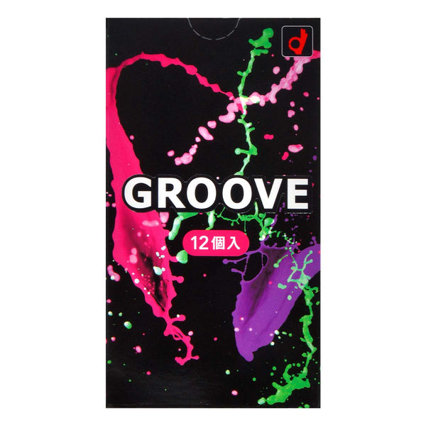 岡本 GROOVE condom 正面包裝,12 片裝,日本製安全套,雙層潤滑技術,提供更高舒適度與親密感。