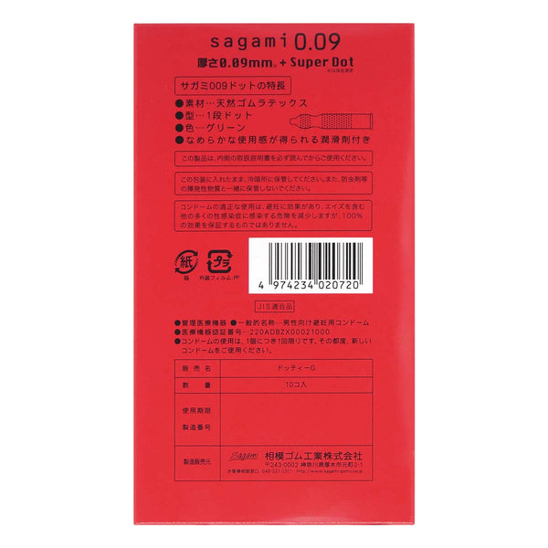相模 Sagami 0.09 凸點 Super Dot 安全套包裝背面,Condom 規格與特點詳細說明