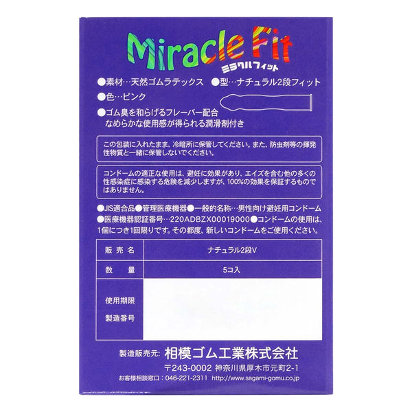 Sagami 相模 Miracle Fit 奇妙貼身乳膠安全套背面包裝,詳細列出產品規格、材質與日本製造品質保證