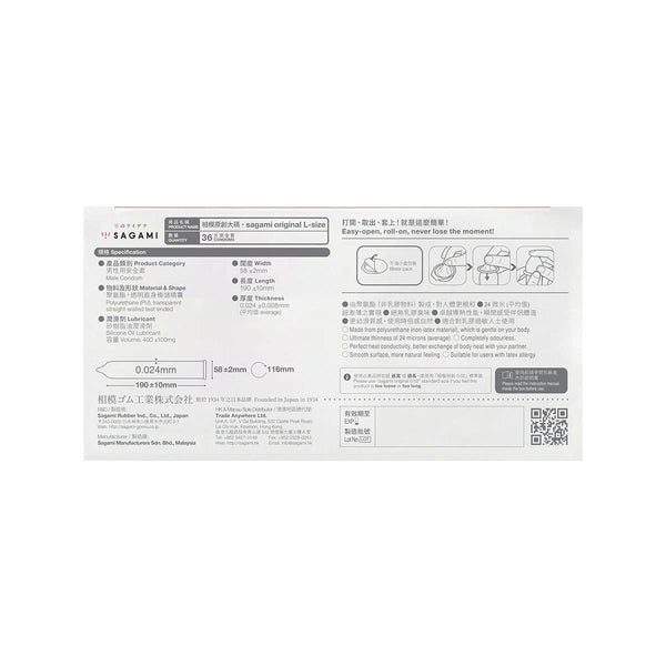 相模原創 Sagami 0.02 大碼 PU 安全套包裝背面,標示 Condom 規格、厚度 0.02mm、大碼設計。