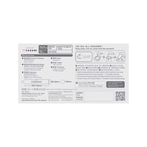 相模原創 Sagami 0.02 大碼 PU 安全套包裝背面,標示 Condom 規格、厚度 0.02mm、大碼設計。