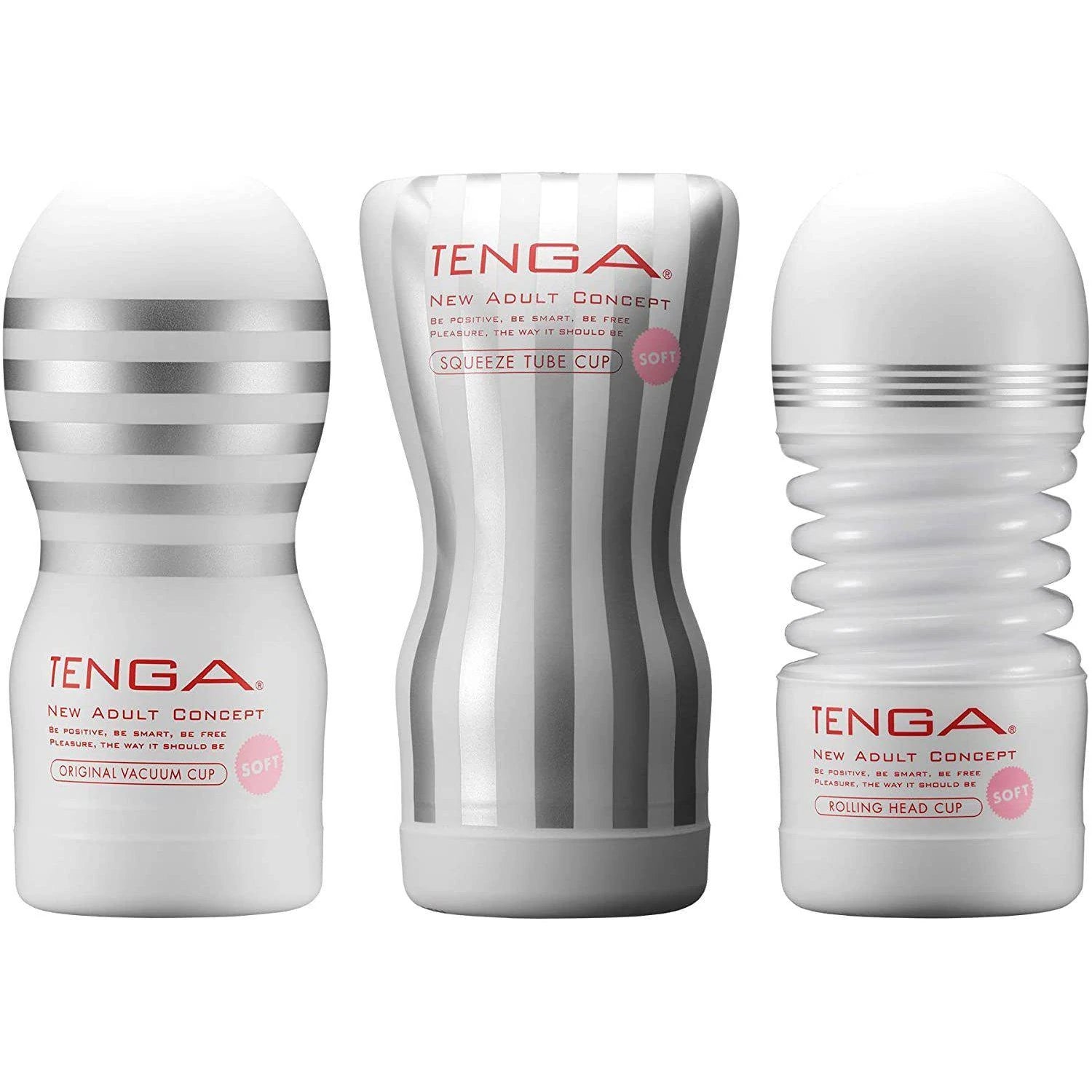 TENGA CUP SOFT 經典套裝,包含三款精選型號:Original Vacuum Cup SOFT、Squeeze Tube Cup SOFT 和 Rolling Head Cup SOFT,專為溫和舒適體驗而設計。