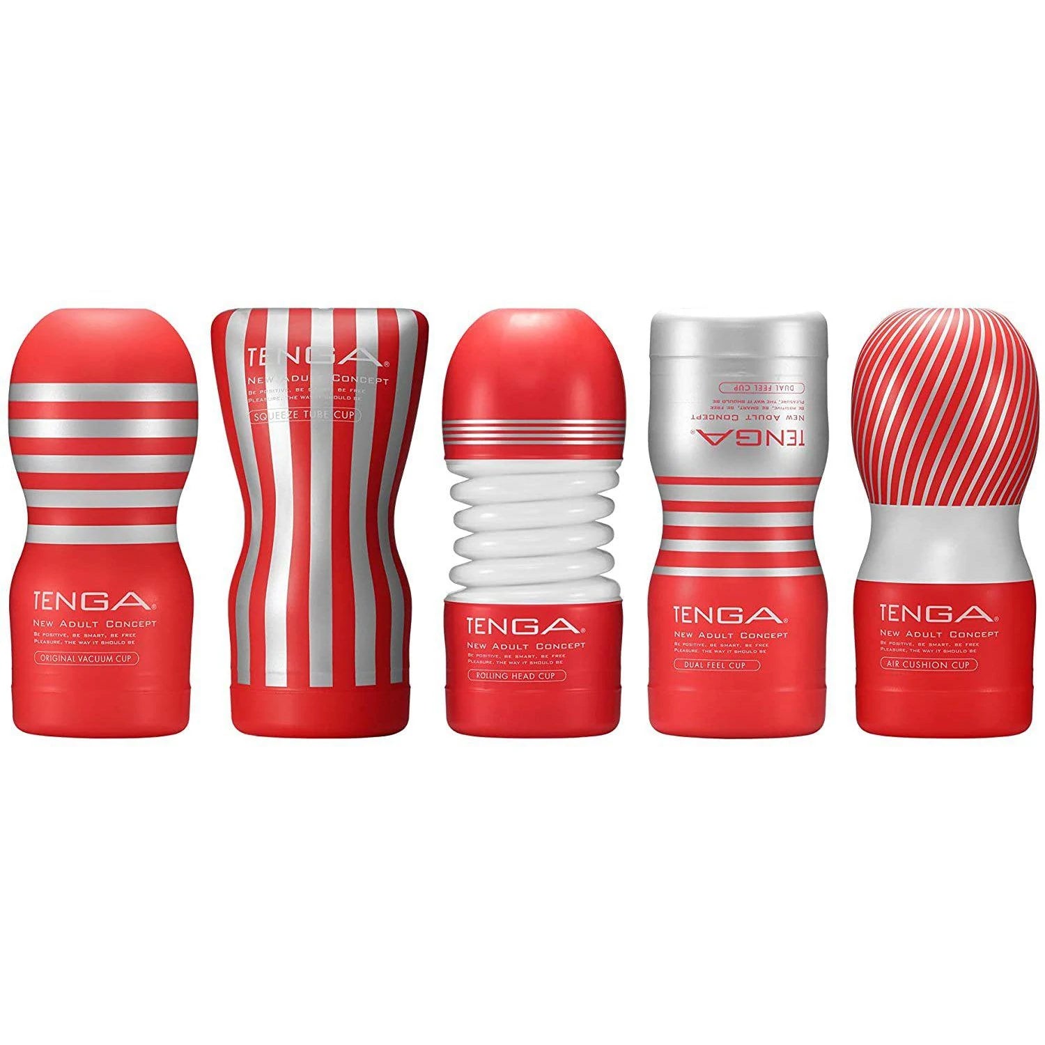TENGA CUP 標準系列飛機杯完整組合,包括 Original Vacuum Cup、Squeeze Tube Cup、Rolling Head Cup、Dual Feel Cup 和 Air Cushion Cup,多款設計滿足不同需求。
