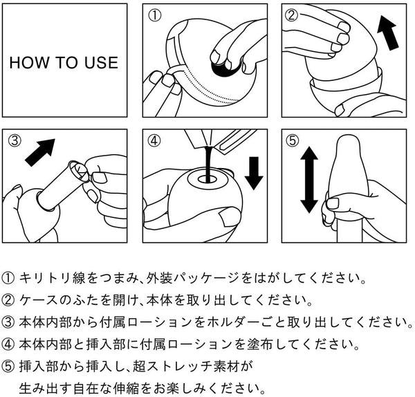 TENGA EGG 使用步驟示意,包含打開蛋殼、取出本體、加上潤滑液並進行伸縮體驗的流程。