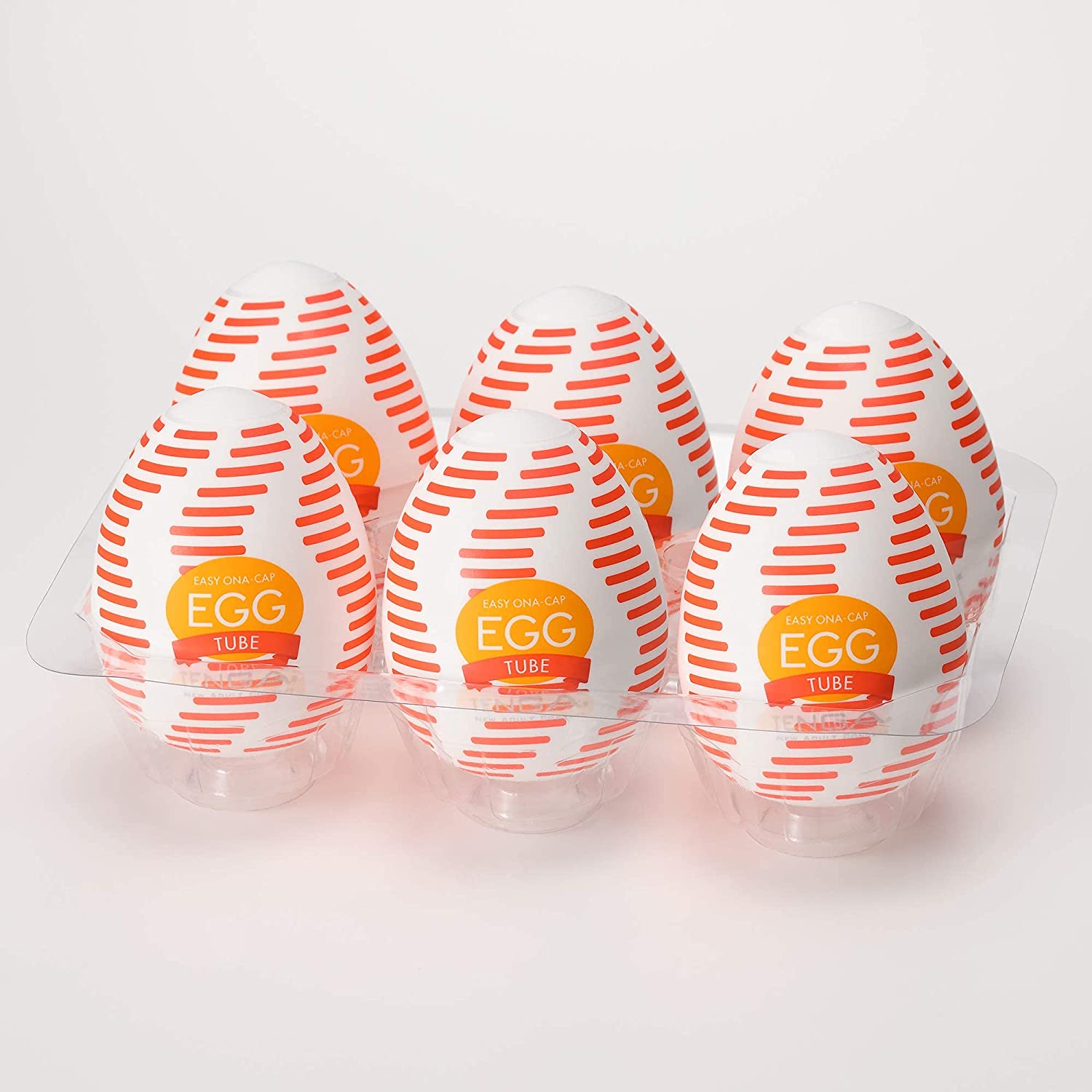 TENGA EGG TUBE 套裝展示圖,包含六顆條紋設計的自慰蛋,適合隨身攜帶和一次性使用,提供不同刺激體驗。