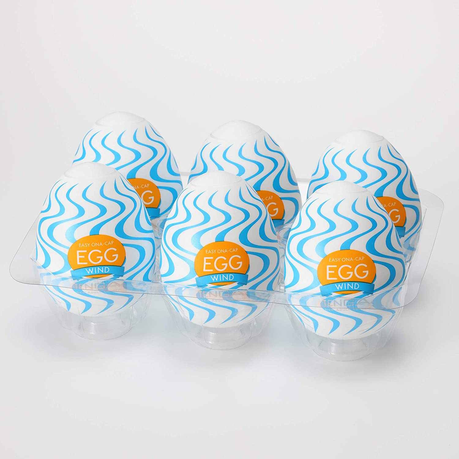 TENGA EGG WIND 六入套裝,外觀設計採用藍色波浪紋路,內部獨特波紋結構提供流暢刺激感,適合一次性使用並內附潤滑液,方便衛生且易於攜帶。