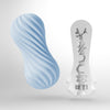 TENGA MOOVA BUBBLY BLUE 飛機杯的外觀與內部結構剖面圖,展示螺旋紋理設計與精細內部構造,帶來獨特的吸附與刺激感受。