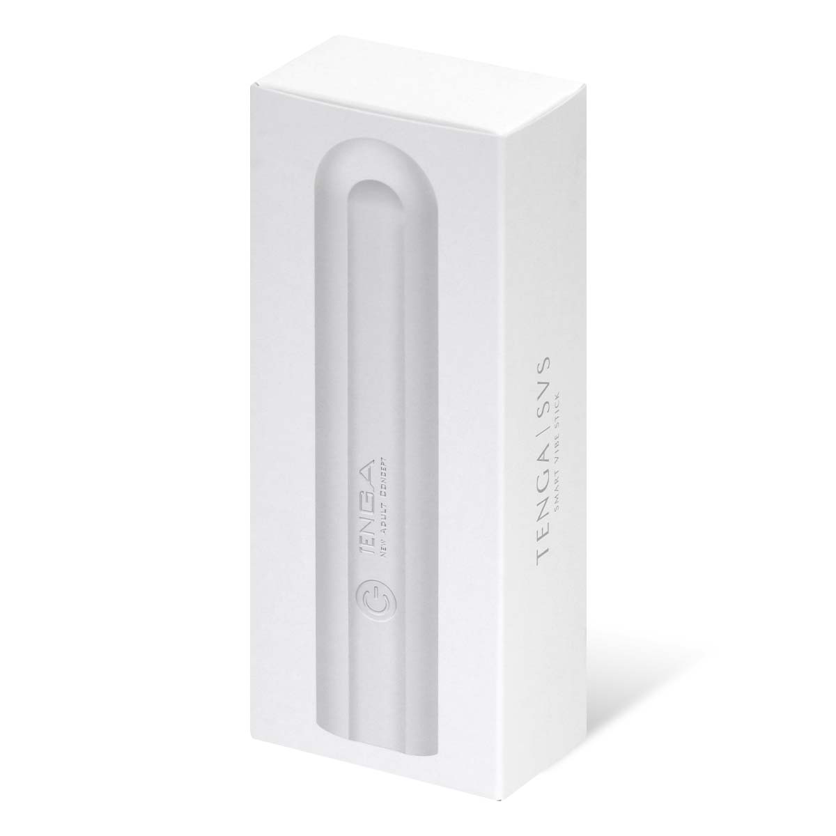 TENGA SVS PEARL WHITE 震動棒產品外包裝側視圖,簡約設計展現高級質感