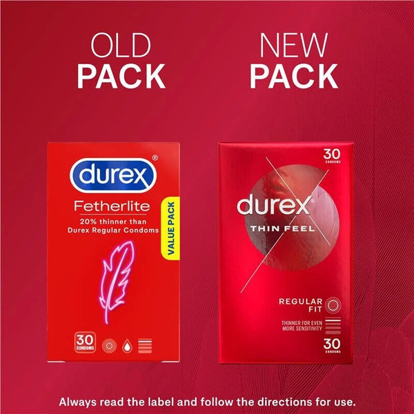 杜蕾斯安全套 condom 包裝更新對比，左為舊版 Fetherlite，右為新版 Thin Feel