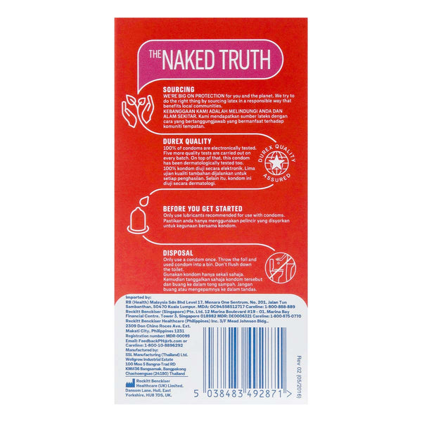 Durex Fetherlite Ultima 超薄安全套 Condom 背面包裝，顯示產品來源、品質保證、使用與處理指引