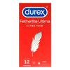 Durex Fetherlite Ultima 超薄安全套 Condom 正面包裝，12片裝，紅色設計配白色羽毛圖案