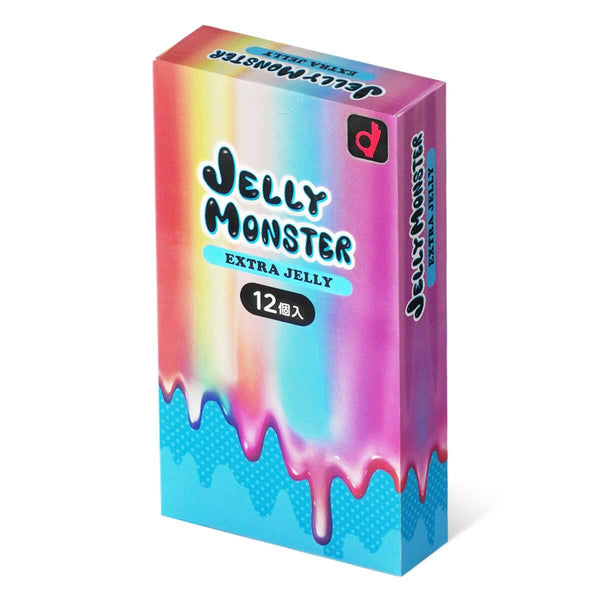 岡本 Jelly Monster Extra Jelly 加潤安全套 condom 主視覺圖，展示盒身彩虹 Jelly 滴下來的設計，強調潤滑感升級