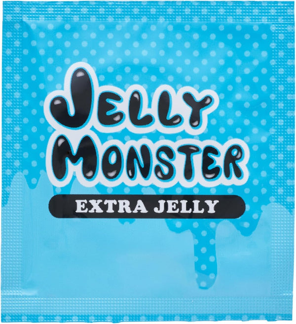 Jelly Monster Extra Jelly 安全套 condom 單片包裝外觀，藍色設計配以波點圖案，清新可愛