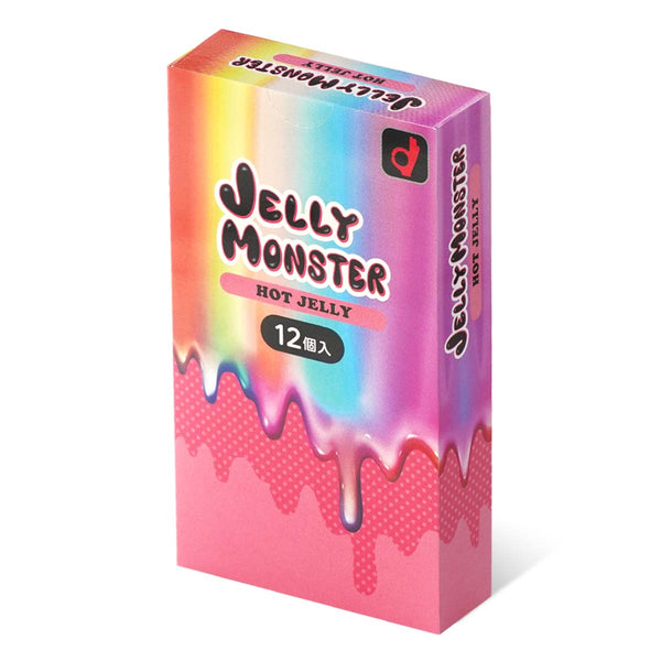 Jelly Monster Hot Jelly 日本版安全套斜角展示圖，展示產品厚度與包裝細節