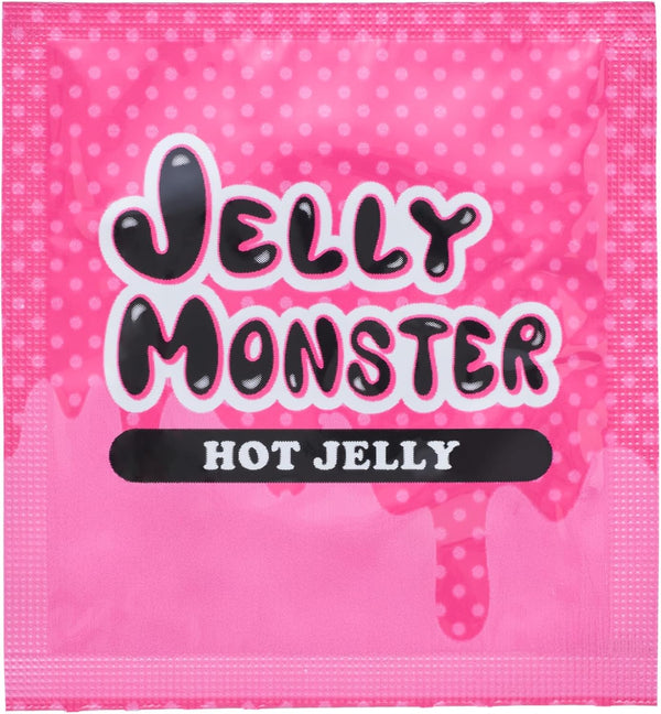 Jelly Monster Hot Jelly 日本版單片安全套外包裝，粉紅底配白點圖案設計