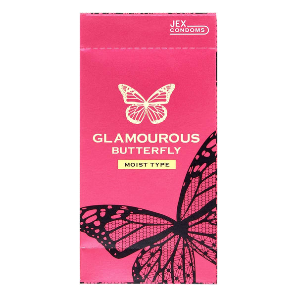 JEX 魅力蝴蝶 Glamourous Butterfly 滋潤型 Moist 安全套正面包裝，展示品牌名稱與 Condom 標示。