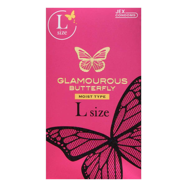 JEX 魅力蝴蝶 Glamourous Butterfly 滋潤型 Moist 大碼 安全套正面包裝，展示品牌名稱與 Condom 標示。