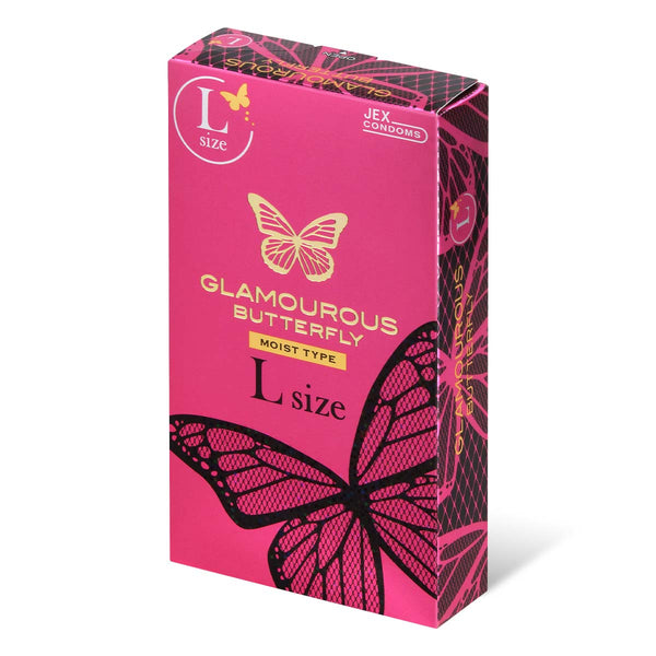 JEX 魅力蝴蝶 Glamourous Butterfly Moist 滋潤型 大碼 安全套主圖，粉紅色 Condom 包裝搭配蝴蝶設計，突顯產品特色。