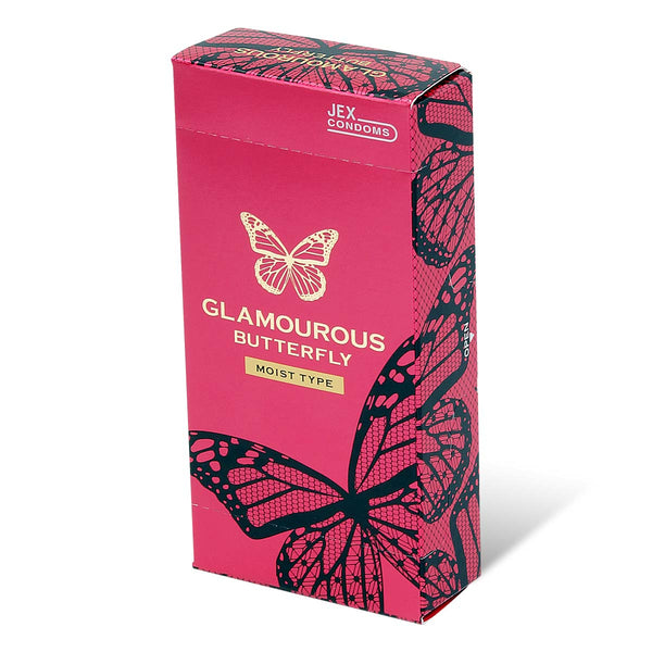 JEX 魅力蝴蝶 Glamourous Butterfly Moist 滋潤型 安全套主圖，粉紅色 Condom 包裝搭配蝴蝶設計，突顯產品特色。