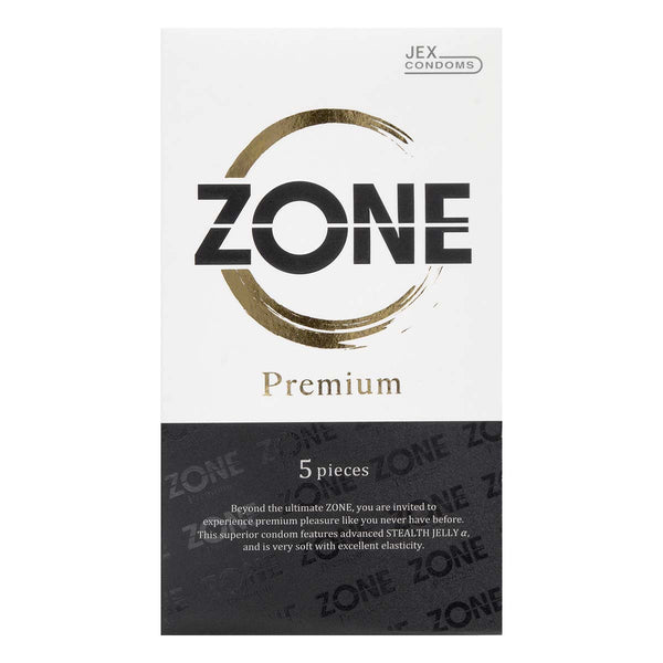 JEX ZONE Premium 5 片裝安全套 Condom 正面包裝，結合高柔韌乳膠與雙倍潤滑啫喱。