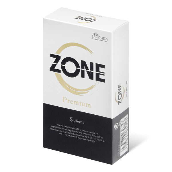 JEX ZONE Premium 安全套外盒包裝，Condom 採用 Stealth Jelly α 技術，帶來極致貼合與裸感體驗。